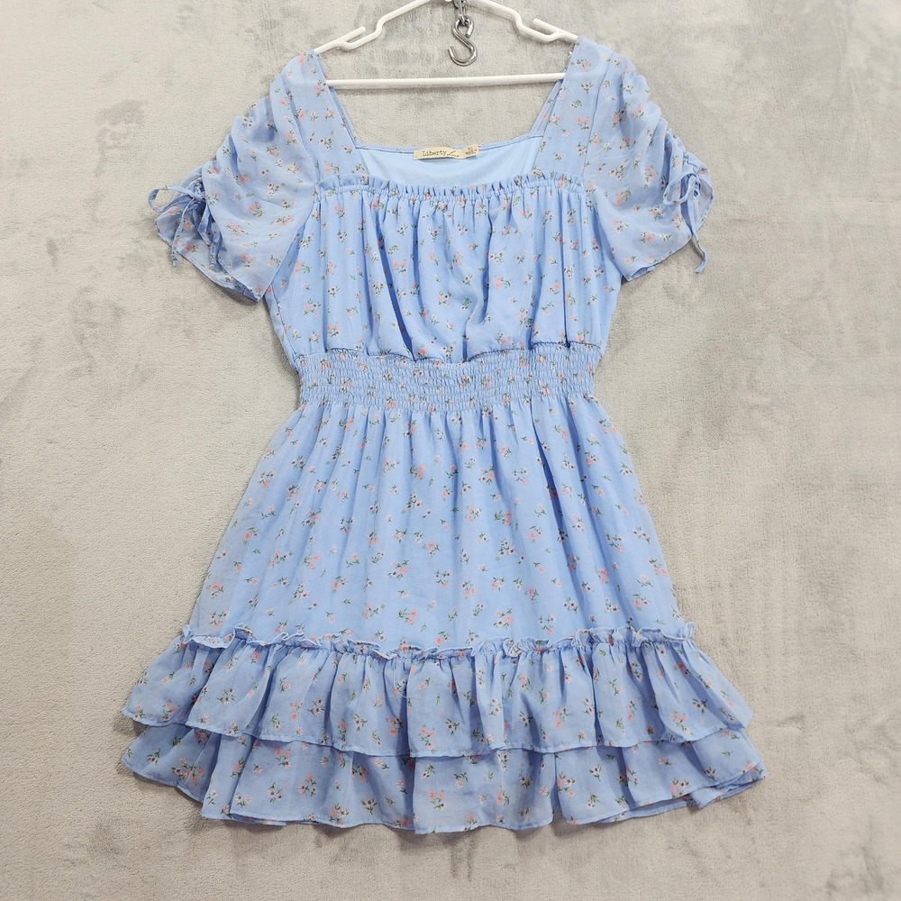 Liberty Love Dress Womens XL Blue Floral Square Neck Smocked Ruffle Hem Peasant